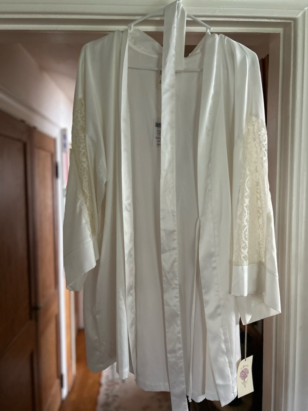 In Bloom White Satin Robe with Lace Trim